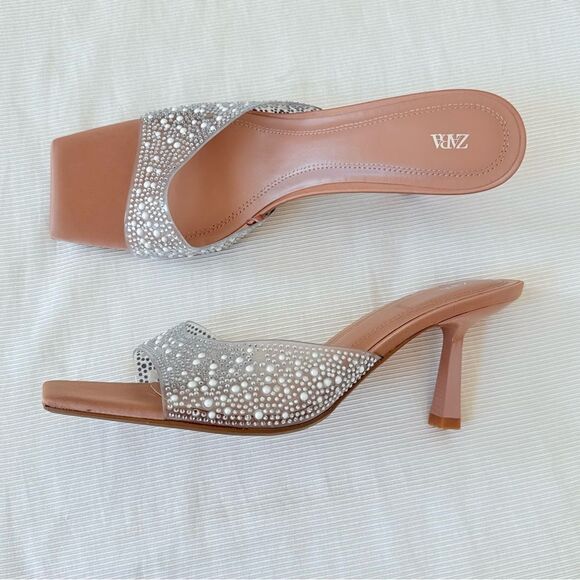 Zara Womens Sandals Heels Slip On Sparkly Party Prom Wedding Shoes Size 9 - Picture 1 of 6